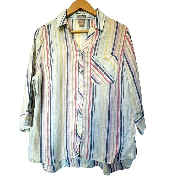 CHICO'S Womens 2 Large Pastel Rainbow Stripe Shirt 100% Linen No Iron 3/4 Sleeve - Picture 2 of 9